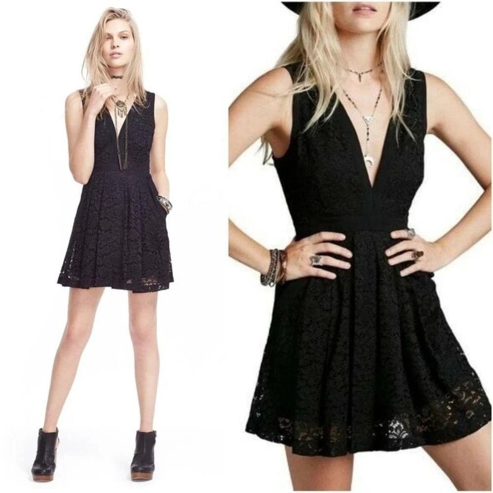 Free People Lovely In Love Lace Dress Women's M Black Fit & Flare Cut Out Back